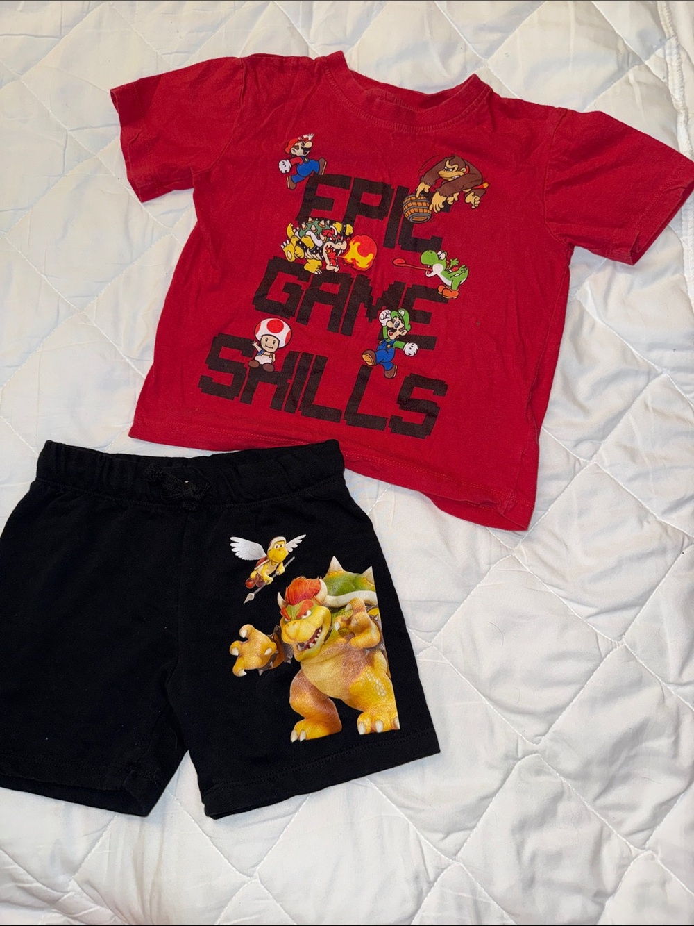 4T Super Mario bros Red Super Mario 'Epic Game Skills' Tee Black Bowser Shorts
